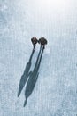 Vertical shot of a couple holding hands and walking on the street with shadows on the ground Royalty Free Stock Photo