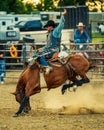 Vertical shot of a cowboy bronco riding at the Wyandotte County Kansas Fair Rodeo Royalty Free Stock Photo