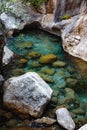 Vertical shot of crystal clear water in mountain river