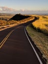 Vertical shot of a curved road beside a farm field Royalty Free Stock Photo