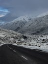 Vertical shot of a curvy highway road in the snowy mountains in New Zealand Southern Alps