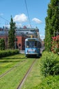 Vertical shot of cute blue tram in Oslo Tramway Museum Carriage Hall 5