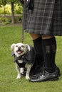 Vertical shot of a cute dog wearing a cloak standing by two men wearing kilt Royalty Free Stock Photo