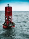 Vertical shot of the cute sea lions on the red ocean buoy in the middle of a sea Royalty Free Stock Photo