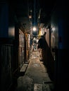 Vertical shot of dark city alley at night Royalty Free Stock Photo