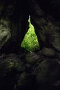 Vertical shot of the dark rocks of the cave with the view of green forest.
