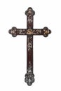 Vertical shot of a decorated cross under the lights isolated on a white background