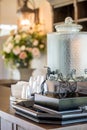 Vertical shot of a decorative glass jar in a wedding venue Royalty Free Stock Photo