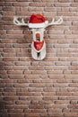 Vertical shot of a deer hanging on the wall with a Santa Claus cap and red necklace Royalty Free Stock Photo