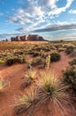 Desert landscape with buttes and mesas and cactus in foreground. Royalty Free Stock Photo