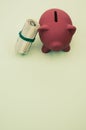 Vertical shot of dollar bills and a piggy bank on a green surface Royalty Free Stock Photo