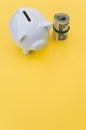 Vertical shot of dollar bills and a piggy bank on a yellow surface Royalty Free Stock Photo