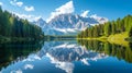 Vertical shot of the Dolomites mountain reflected in the waters of lake Lago Federa on a sunny day