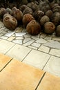 Vertical shot of dried coconuts on a tiled floor Royalty Free Stock Photo