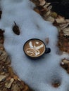 Vertical shot of a drink with latte art in a cup placed on snow covering crunchy autumn leaves