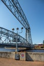 Vertical shot of the Duluth Aerial lift bridge against a blue sky Royalty Free Stock Photo