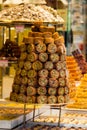 Vertical shot of eastern sweets and cookies piled and laid in boxes for better display Royalty Free Stock Photo