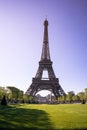 Vertical shot of the Eiffel Tower with the green field in front of it and light purple background Royalty Free Stock Photo