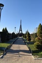 Vertical shot of the Eiffel Tower replica of Paris in the Europe Park of Torrejon de Ardoz, Spain