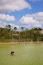 Vertical shot of an embracing couple in the Cenote Lagoon Kaan Luum in Tulum, Quintana Roo, Mexico