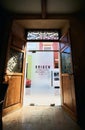 Vertical shot of the entrance door of cafe Origen in Campeche Mexico Royalty Free Stock Photo