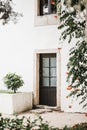 Vertical shot of an entrance door of a white house with decorative plants and trees outside Royalty Free Stock Photo