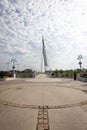 Vertical shot of the Esplanade Riel Footbridge in Winnipeg, Manitoba, Canada.