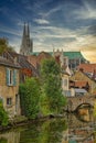 Vertical shot of the Eure River with old houses and Notre-Dame de Chartres Cathedral in France Royalty Free Stock Photo