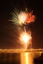 Vertical shot of the exploding colorful fireworks over the lake shore in the night sky Royalty Free Stock Photo