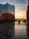 Vertical shot of the exterior of the Hamburg Elbe Philharmonic building at sunset