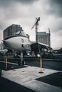 Vertical shot of a F14 Tomcat Fighter jet, USS Midway Aircraft Carrier in San Diego, CA Royalty Free Stock Photo