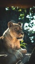 Vertical shot of a female lion (Panthera leo) resting on a rock with a tree on a blurred background Royalty Free Stock Photo