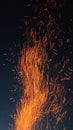 Vertical shot of flames of fire with flying burning red sparks against the dark night sky Royalty Free Stock Photo