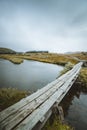 Vertical shot fo a wooden dock over a lake in Finse, Norway Royalty Free Stock Photo