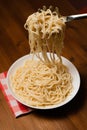 Vertical shot of a fork taking a portion of a tasty spaghetti
