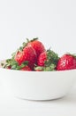 Vertical shot of fresh delicious strawberries in a white bowl Royalty Free Stock Photo