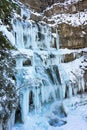 Vertical shot of the frozen Vallesinella waterfall in Alto Adige, Italy with icicles hanging from it
