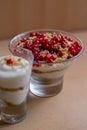 Vertical shot of a glass bowl of vanilla yogurt with currants on top on a beige background