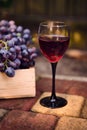 Vertical shot. A glass of red wine and partial view of harvested grapes in a wooden crate. Viticulture and wine industry