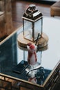 Vertical shot of a glass of strawberry smoothie on a table in a restaurant