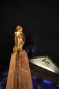 vertical shot of the golden owl lite up outside the front of Leeds Civic Hall