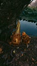 Vertical shot of a golden torma, a ceremonial sacred ritual offering in Tibetan Buddhism Royalty Free Stock Photo