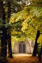 Vertical shot of a gothic grave surrounded by fall trees in a cemetery in Berlin, Germany