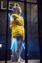 Vertical shot of a greek female statue holding a yellow jacket in a glass storefront