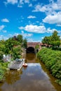 Vertical shot of a green canal surrounded by trees under a bright cloudy sky Royalty Free Stock Photo