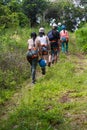 vertical shot of group of hikers with harness and helmet surrounded by vegetation and green nature in Costa Rica