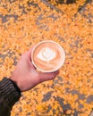 Vertical shot of a hand holding a white cup of latte with heart shape art foam against orange leaves Royalty Free Stock Photo