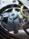 Vertical shot of hand watch mechanism gears under the lights