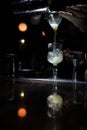 Vertical shot of hands pouring out a cocktail from the shaker through the sieve Royalty Free Stock Photo