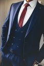 Vertical shot of a handsome groomsman in a navy suit and red tie